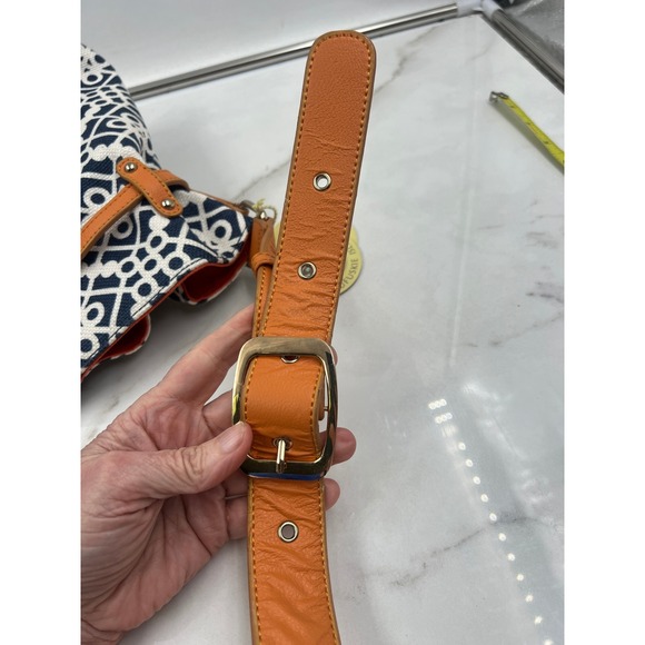 Spartina 449 Navy White Geometric Linen Leather Shoulder Bag Navy White Orange - Picture 14 of 16